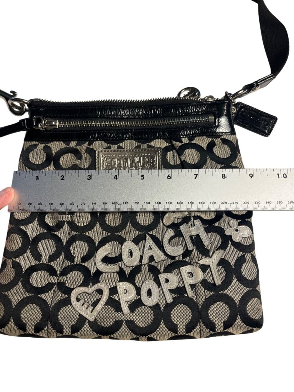 Coach Poppy Black & Gray Signature Jacquard Crossbody Bag Silver Appliqué Accent - Picture 10 of 16